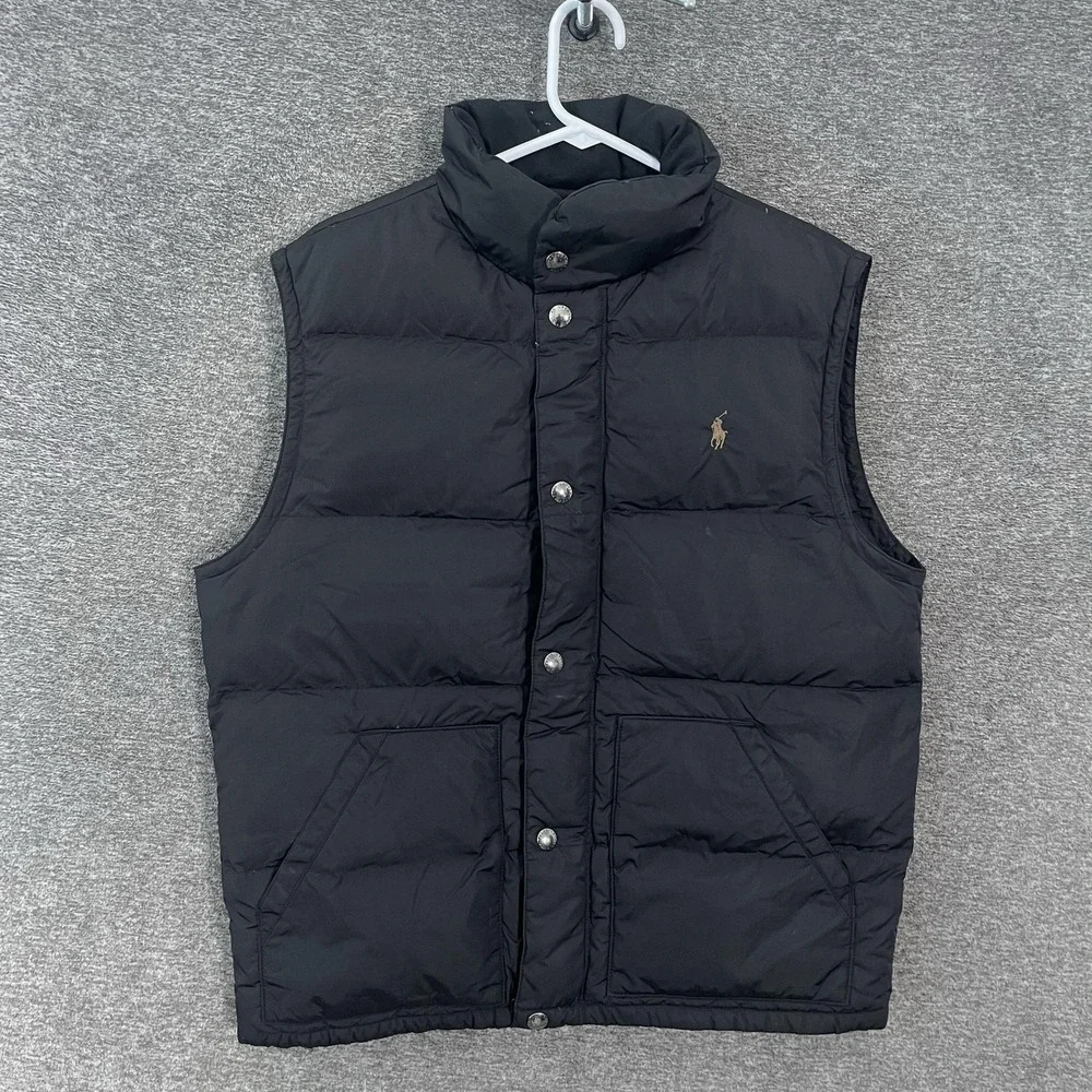 Polo Ralph Lauren Vest Mens Medium Black Down Puffer Quilted Full Zip Outdoor